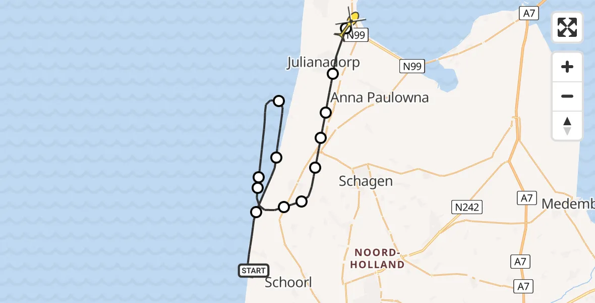 Routekaart van de vlucht: Kustwachthelikopter naar Vliegveld De Kooy, Hargerstrandweg