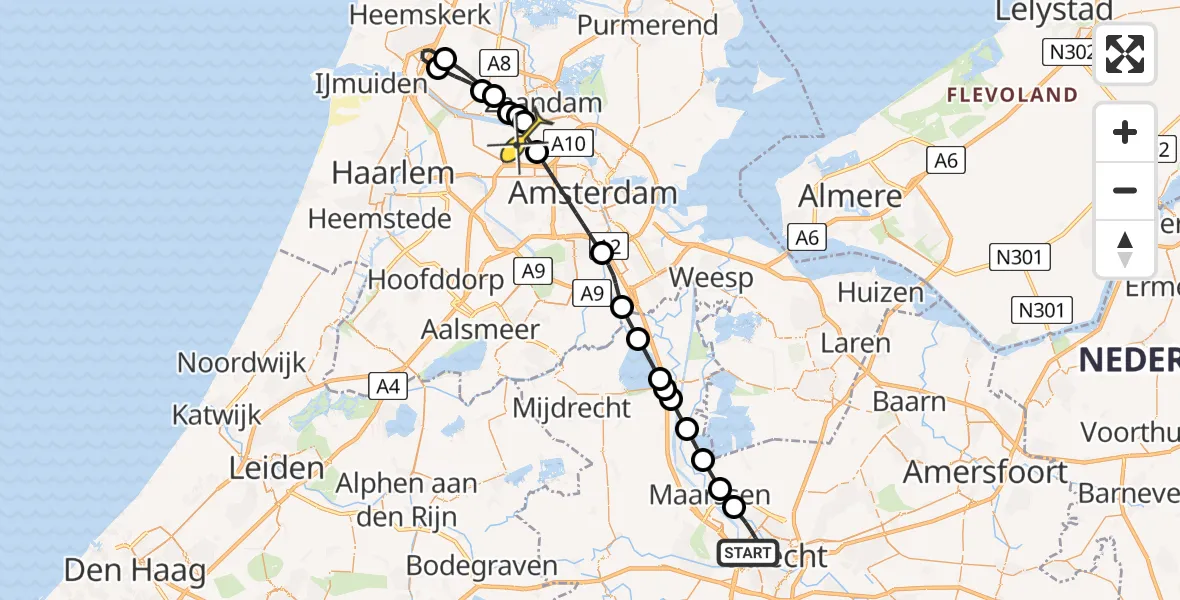 Routekaart van de vlucht: Lifeliner 1 naar Amsterdam Heliport, Esdoornstraat