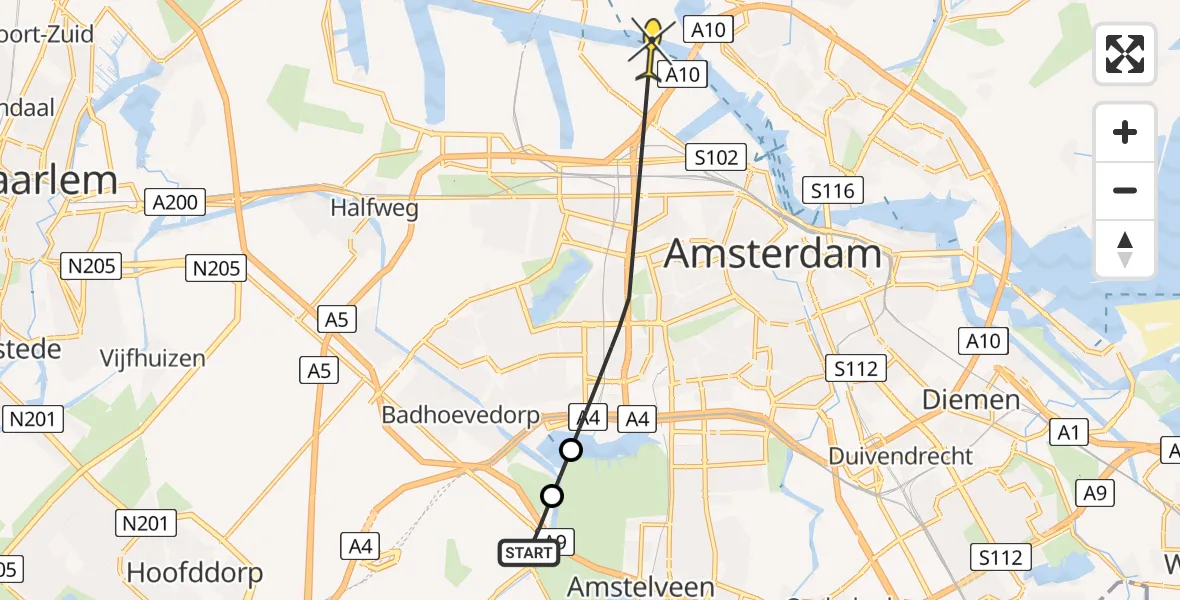 Routekaart van de vlucht: Politieheli naar Amsterdam, Nieuwemeerdijk