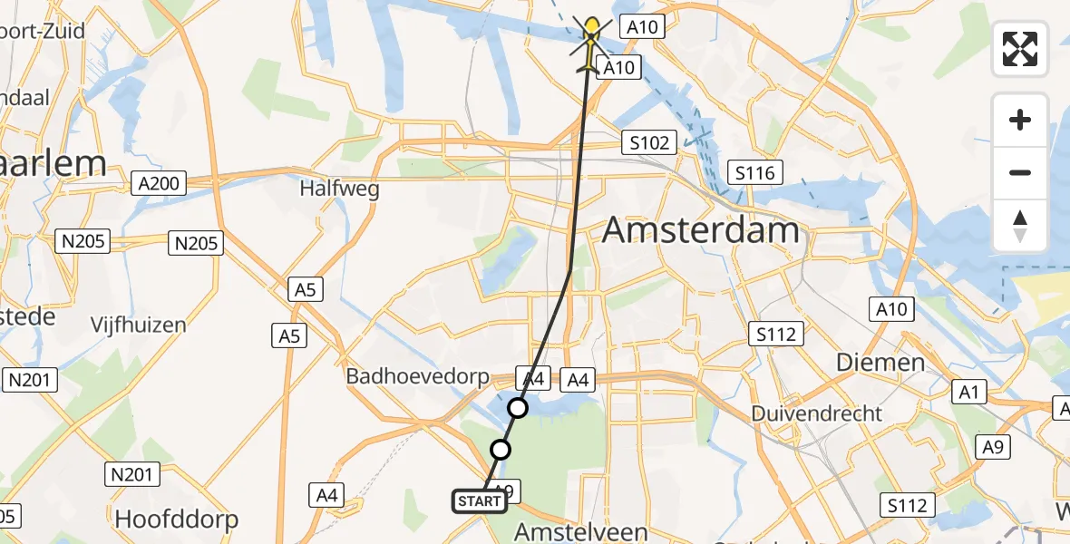 Vluchtroute Politiehelikopter van Schiphol naar Amsterdam