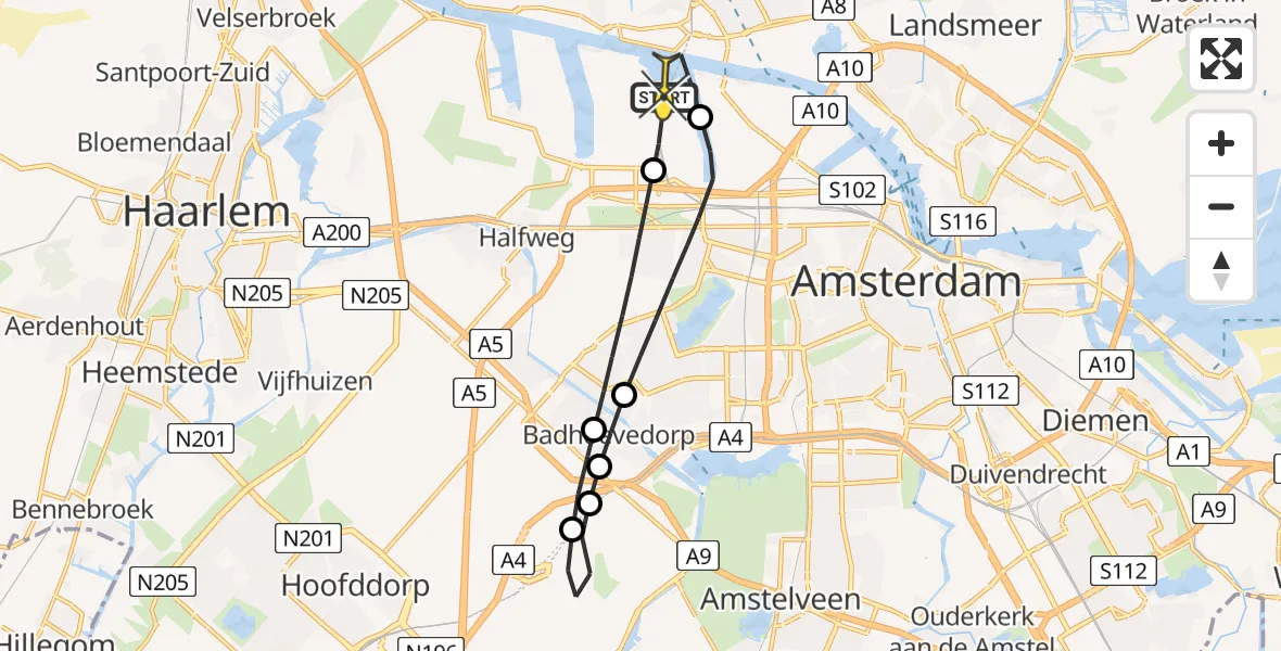 Vluchtroute Traumahelikopter van Amsterdam Heliport naar Amsterdam Heliport