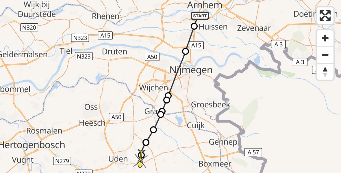 Routekaart van de vlucht: Lifeliner 3 naar Vliegbasis Volkel, De Overmaat