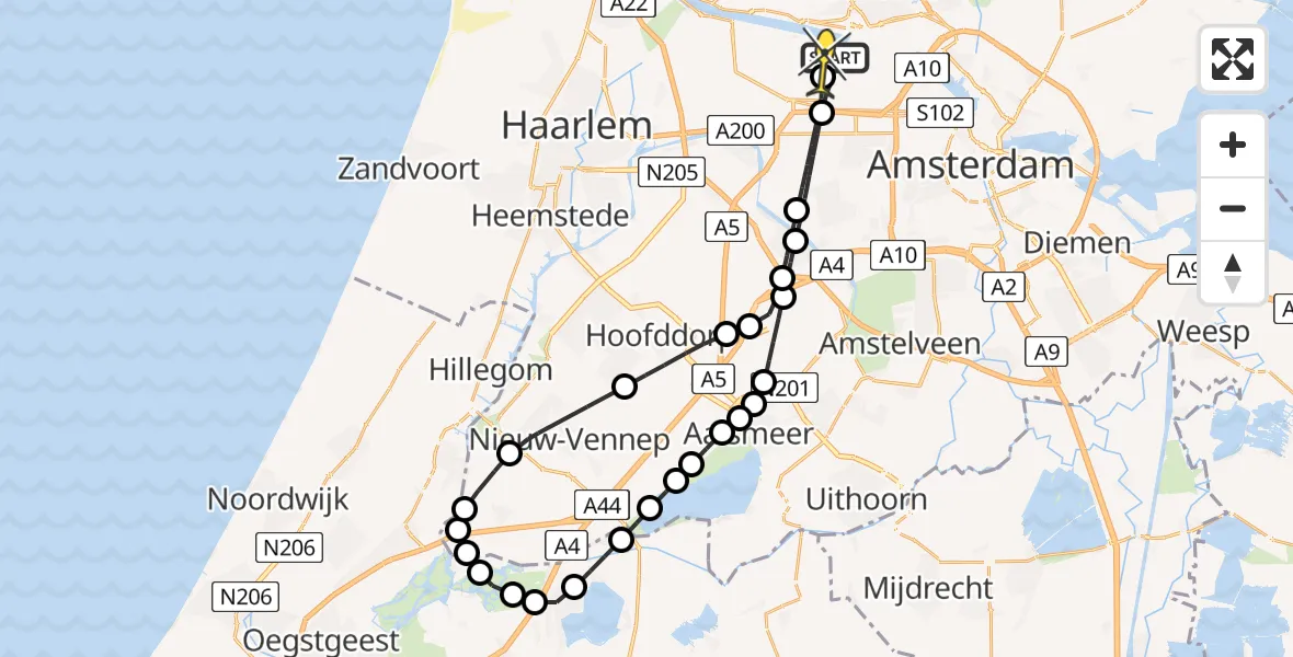 Vluchtroute Traumahelikopter van Amsterdam Heliport naar Amsterdam Heliport