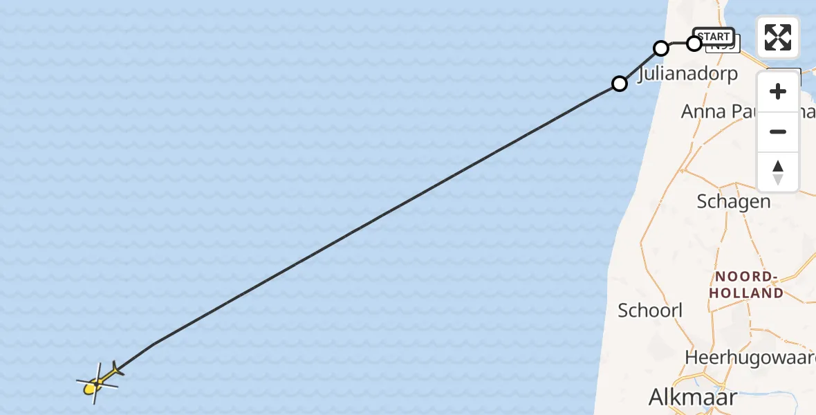 Vluchtroute Kustwachthelikopter van Vliegveld De Kooy naar 