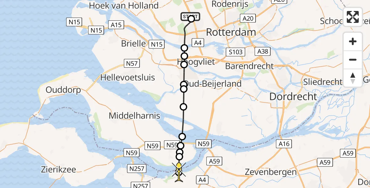 Routekaart van de vlucht: Lifeliner 2 naar Dinteloord, Oostveenseweg