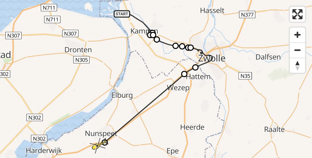 Routekaart van de vlucht: Politieheli naar Nunspeet, Kattewaardweg