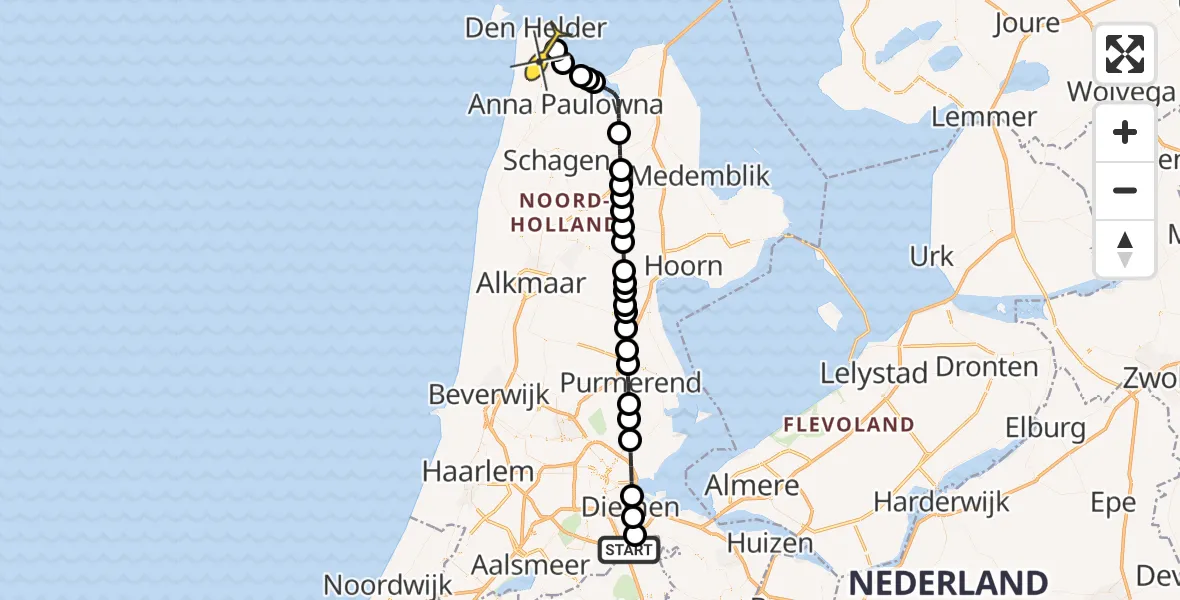 Routekaart van de vlucht: Kustwachthelikopter naar Vliegveld De Kooy, Ruwelspad