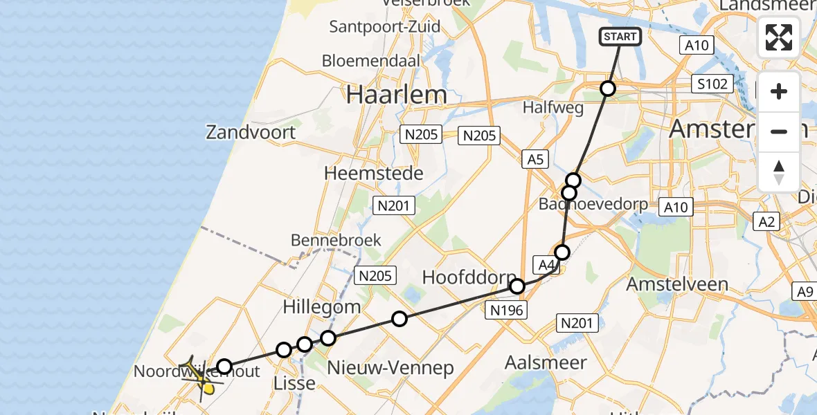 Routekaart van de vlucht: Lifeliner 1 naar Noordwijkerhout, Binnenpolderringdijk Noord