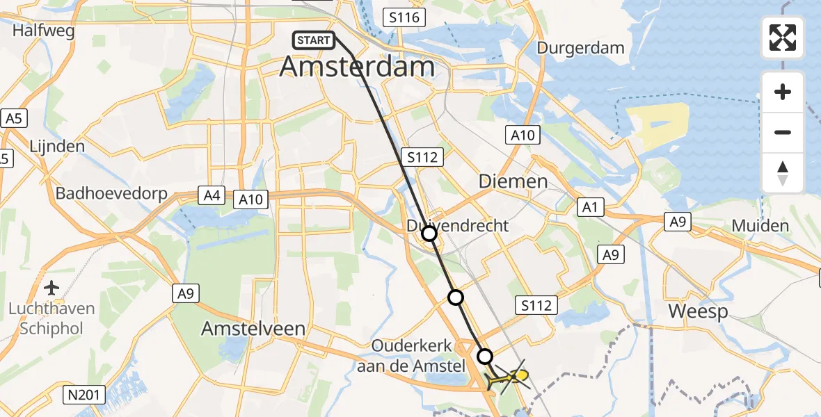 Routekaart van de vlucht: Lifeliner 1 naar Academisch Medisch Centrum (AMC), Singel