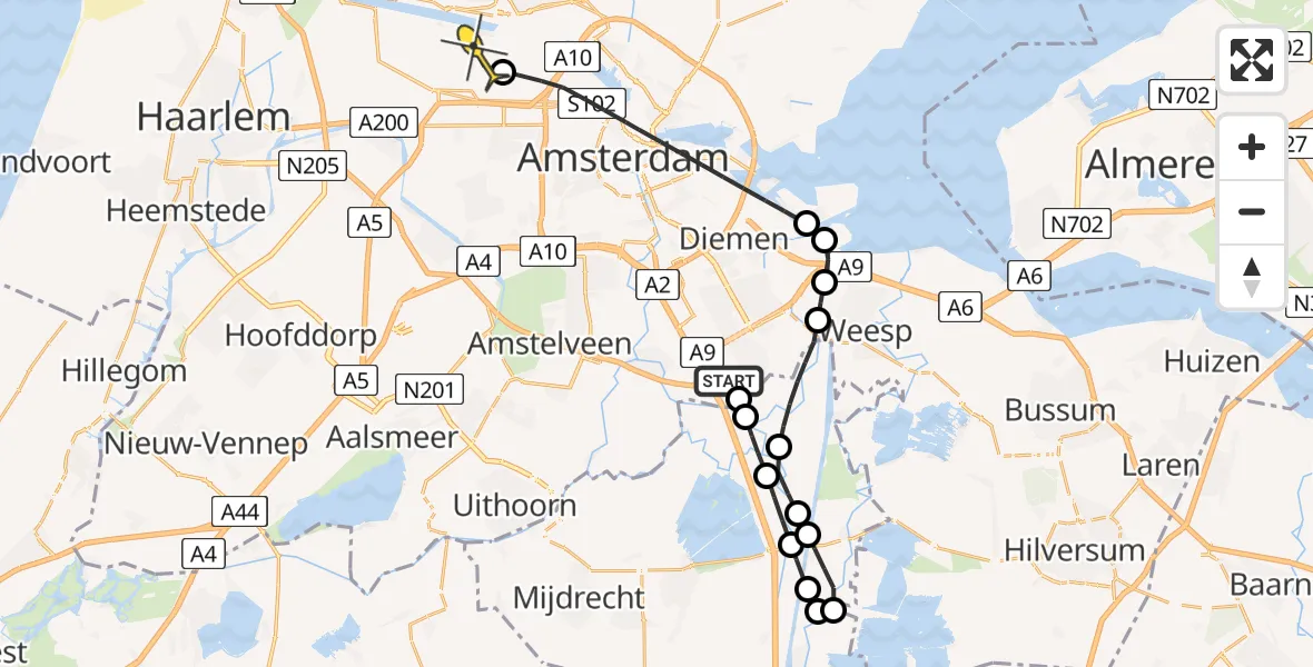 Routekaart van de vlucht: Lifeliner 1 naar Amsterdam Heliport, de Horn