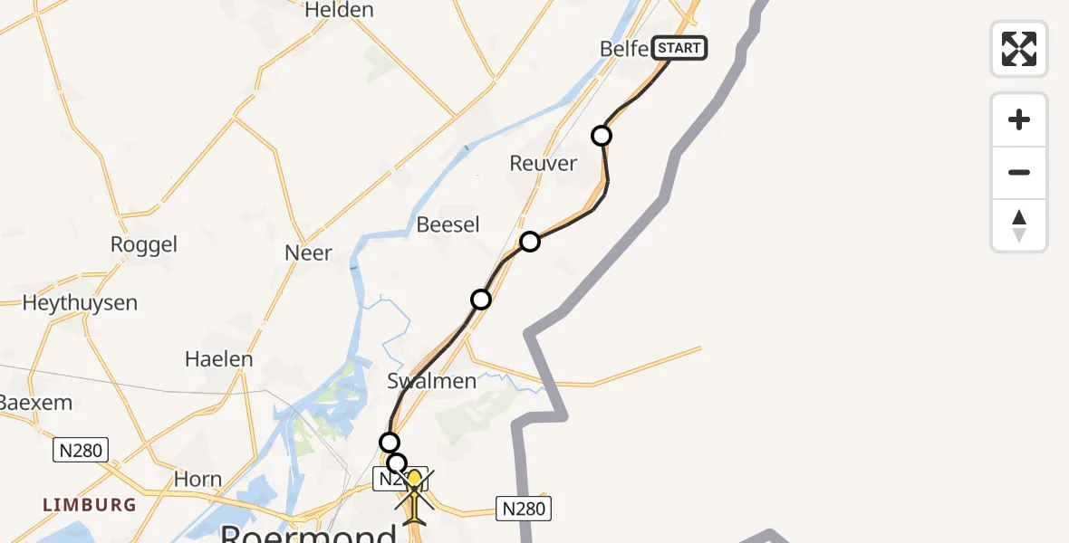 Routekaart van de vlucht: Politiehelikopter naar Roermond, Elshoutweg