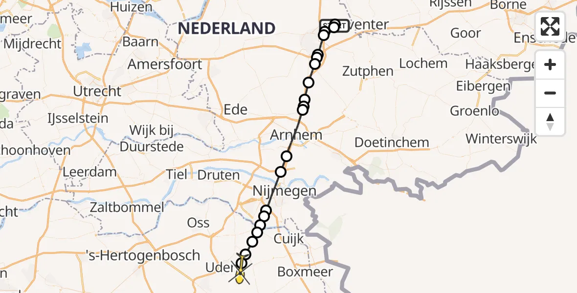 Routekaart van de vlucht: Lifeliner 3 naar Vliegbasis Volkel, de Zanden