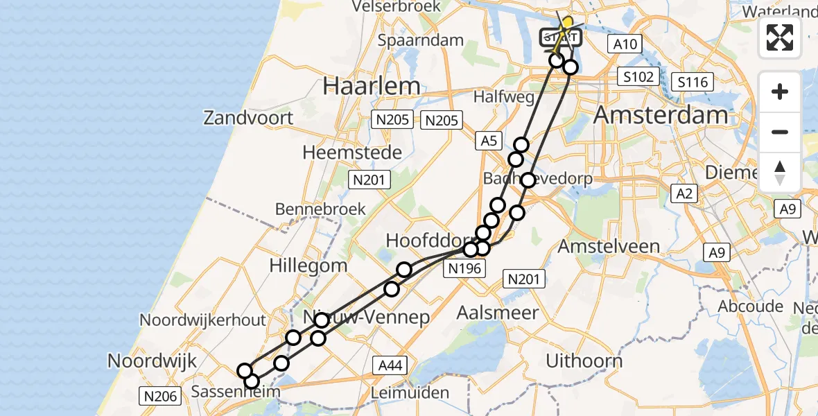Vluchtroute Traumahelikopter van Amsterdam Heliport naar Amsterdam Heliport
