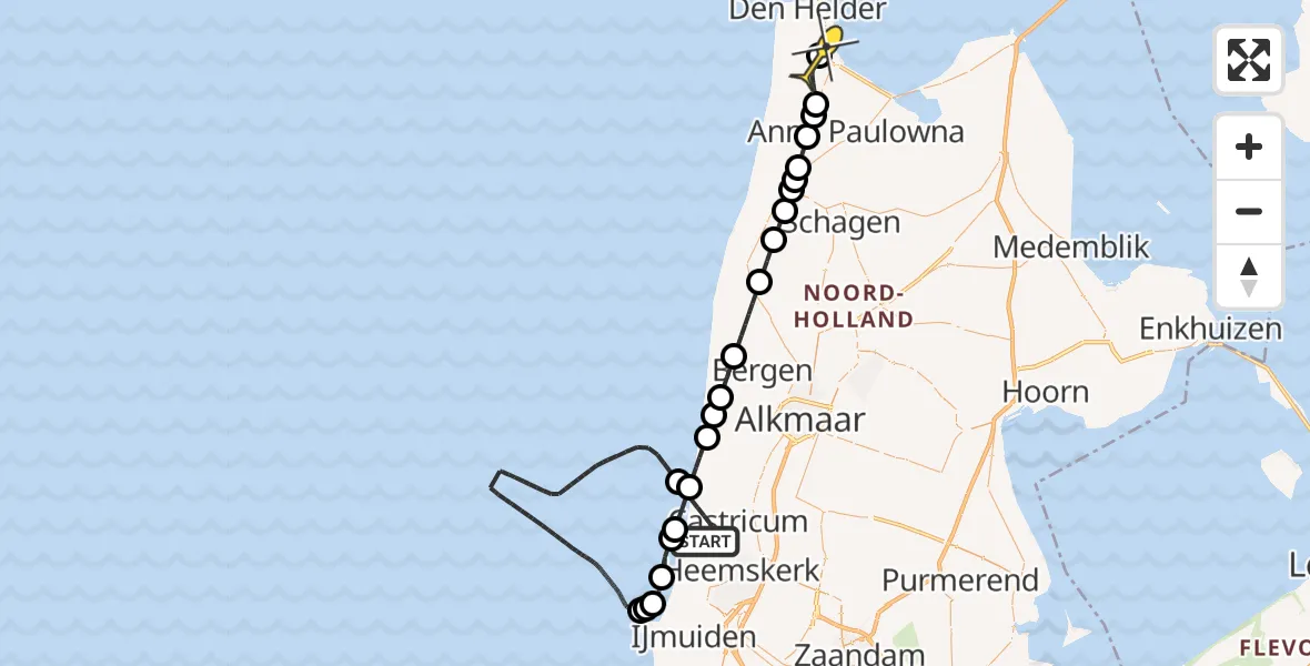 Routekaart van de vlucht: Kustwachthelikopter naar Vliegveld De Kooy, Beverwijkerstraatweg
