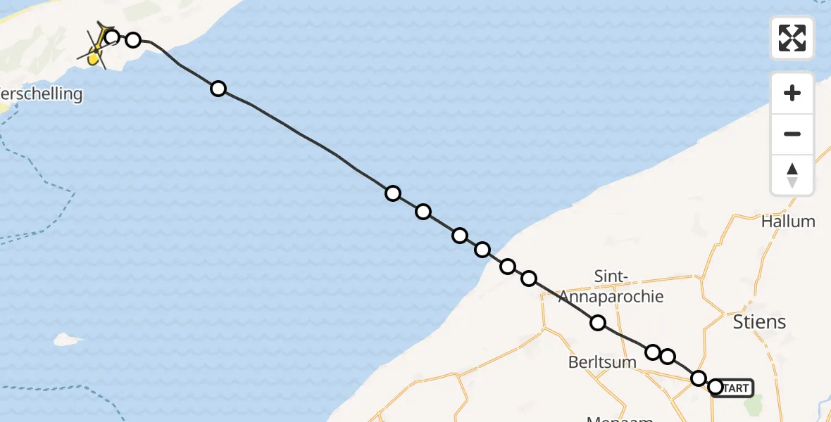 Routekaart van de vlucht: Ambulanceheli naar Midsland, Dyksterhuzen