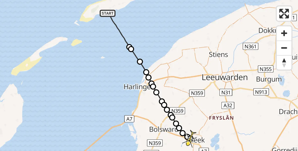 Routekaart van de vlucht: Ambulanceheli naar Sneek, Bolswarderbaan