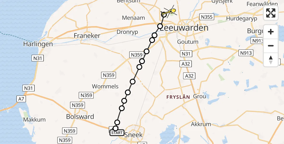 Routekaart van de vlucht: Ambulanceheli naar Vliegbasis Leeuwarden, Bluodderige Feart