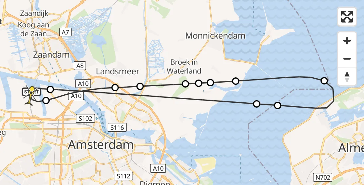 Vluchtroute Traumahelikopter van Amsterdam Heliport naar Amsterdam Heliport