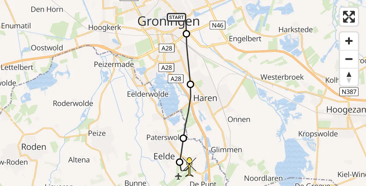 Routekaart van de vlucht: Lifeliner 4 naar Groningen Airport Eelde, Roskildeweg