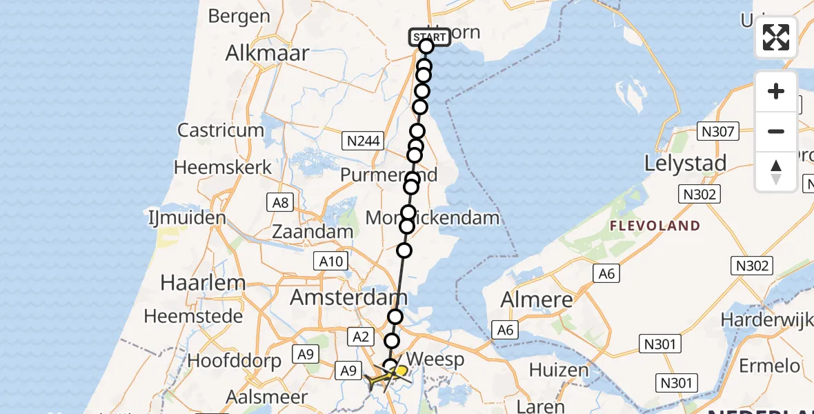 Routekaart van de vlucht: Lifeliner 2 naar Academisch Medisch Centrum (AMC), Korenmolen