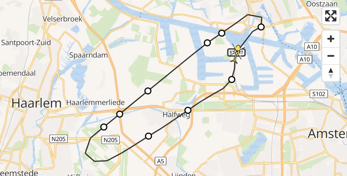 Vluchtroute Traumahelikopter van Amsterdam Heliport naar Amsterdam Heliport