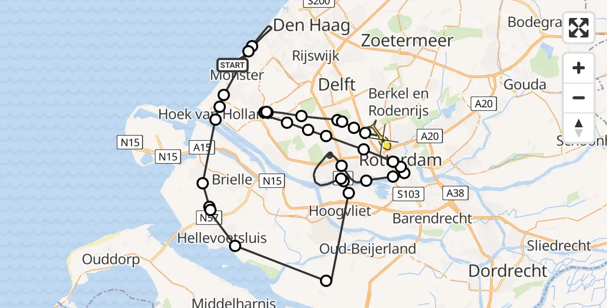 Routekaart van de vlucht: Politieheli naar Rotterdam The Hague Airport, Zandmotorpad