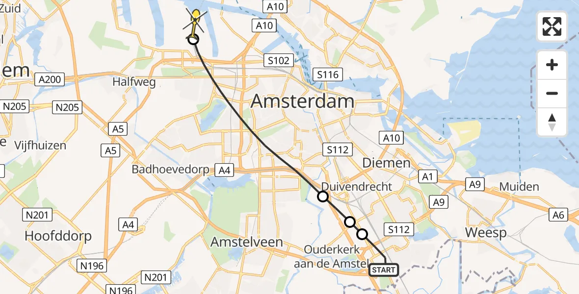 Routekaart van de vlucht: Lifeliner 1 naar Amsterdam Heliport, Paasheuvelweg