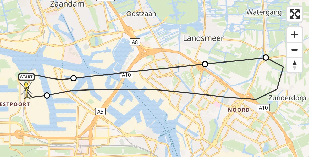 Vluchtroute Traumahelikopter van Amsterdam Heliport naar Amsterdam Heliport