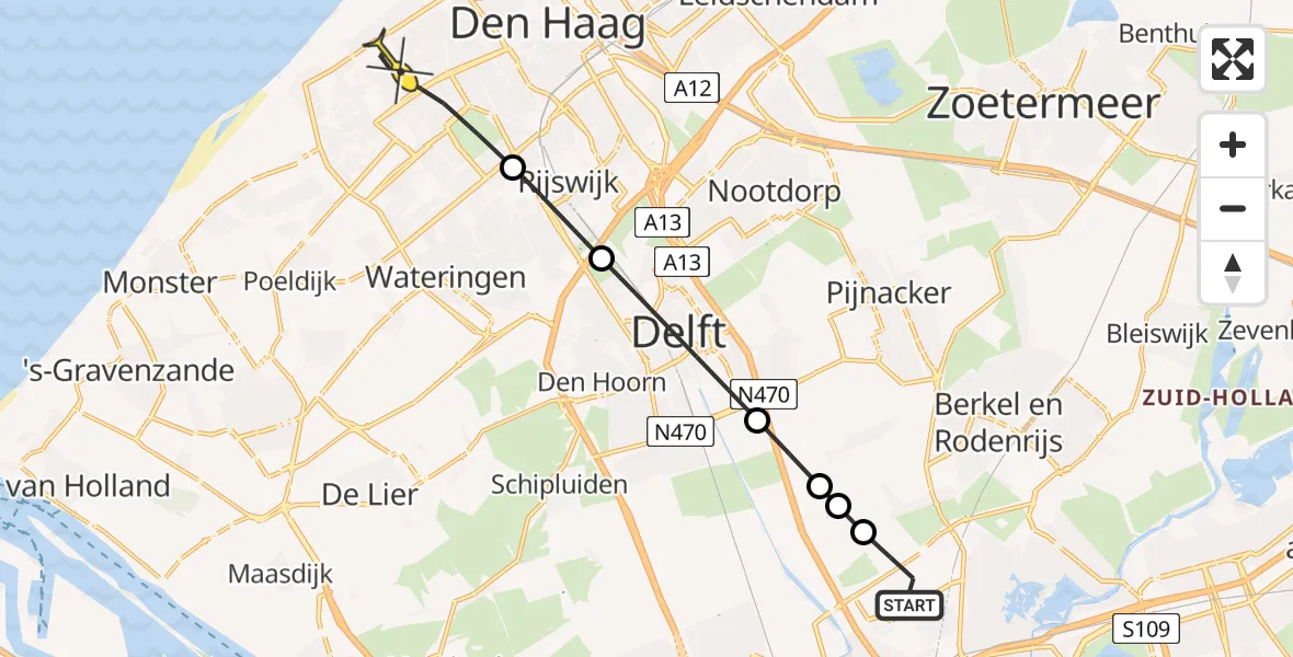 Routekaart van de vlucht: Lifeliner 2 naar Den Haag, A16 Rotterdam
