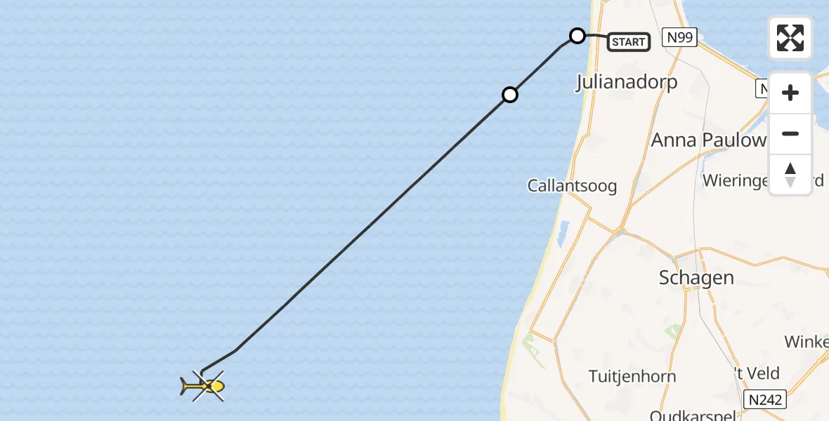 Routekaart van de vlucht: Kustwachthelikopter naar Zanddijk