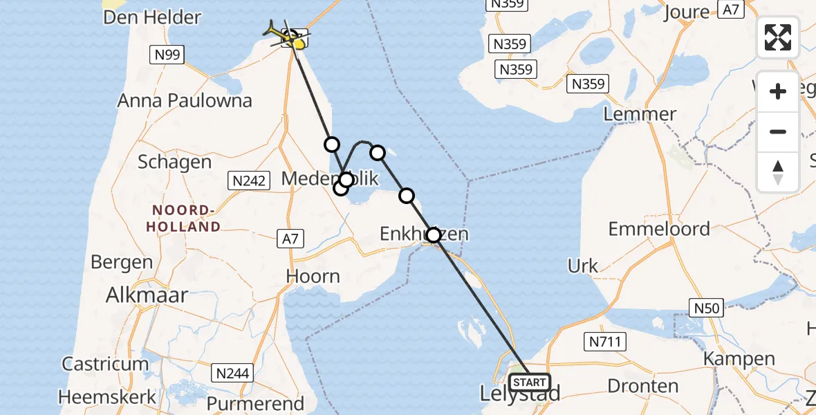 Routekaart van de vlucht: Lifeliner 1 naar Den Oever, Bronsweg