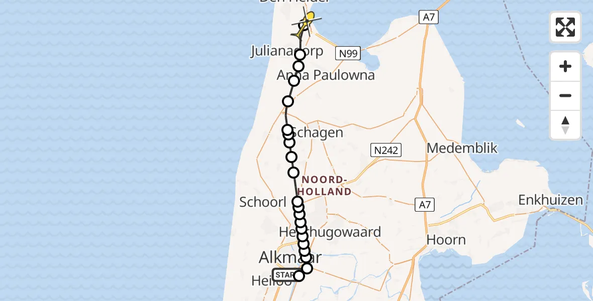 Routekaart van de vlucht: Kustwachthelikopter naar Vliegveld De Kooy, Westdijk