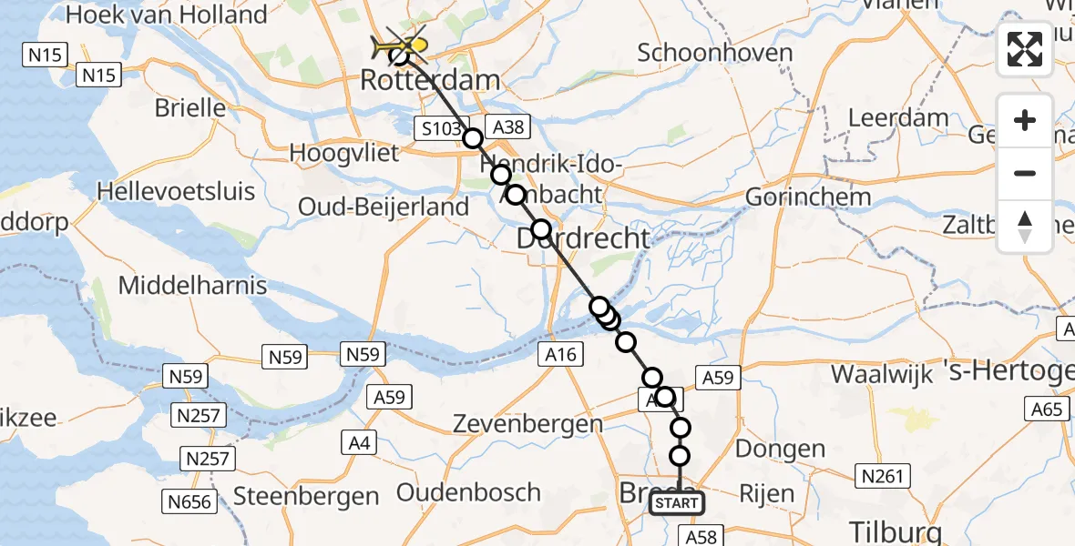 Routekaart van de vlucht: Lifeliner 2 naar Rotterdam The Hague Airport, Hoogeind