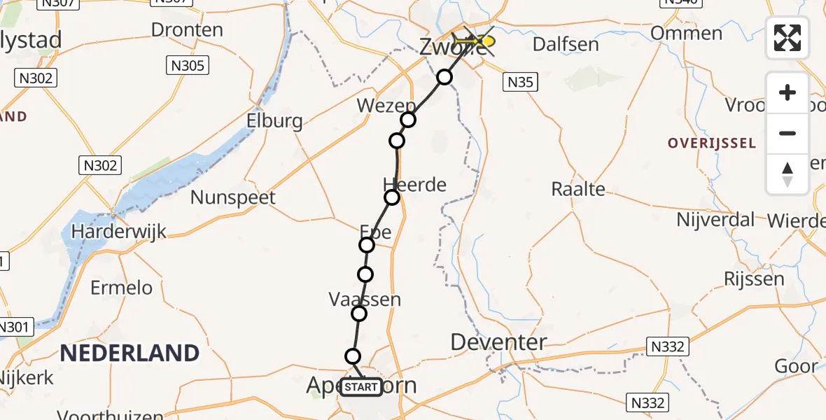 Routekaart van de vlucht: Lifeliner 3 naar Zwolle, Frisolaan