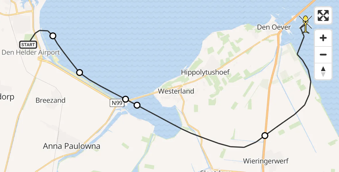 Routekaart van de vlucht: Kustwachthelikopter naar Wieringerwerf, Oostoeverweg