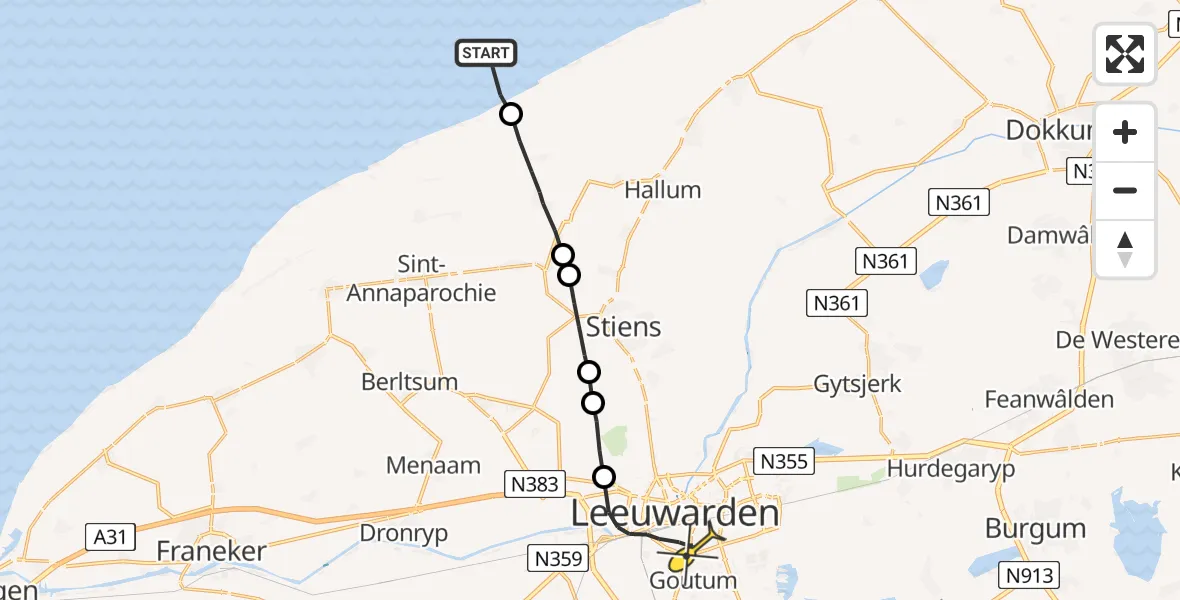 Routekaart van de vlucht: Ambulancehelikopter naar Leeuwarden, Borniastraat