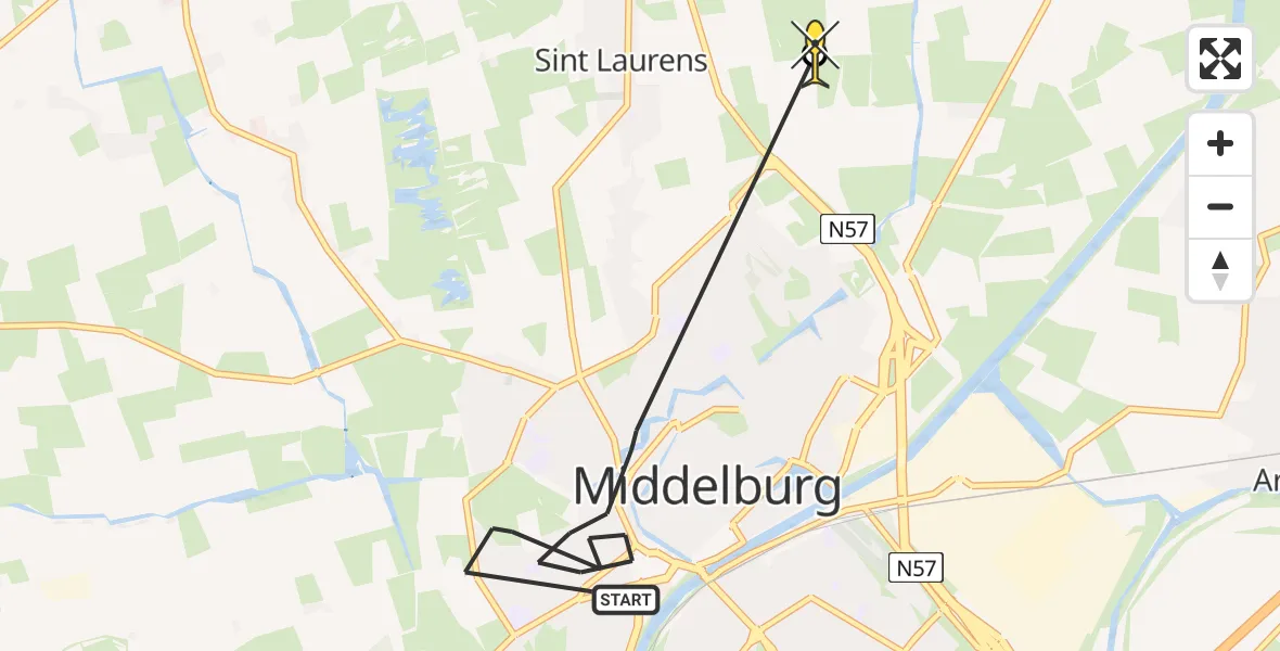 Routekaart van de vlucht: Politiehelikopter naar Gapinge, Breeweg