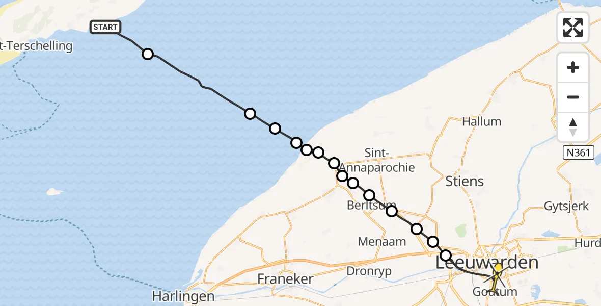 Routekaart van de vlucht: Ambulanceheli naar Leeuwarden, Borniastraat