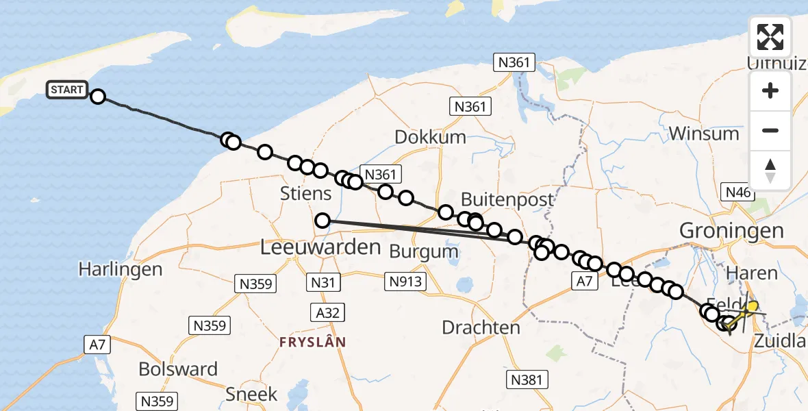 Routekaart van de vlucht: Ambulanceheli naar Groningen Airport Eelde, De Keag