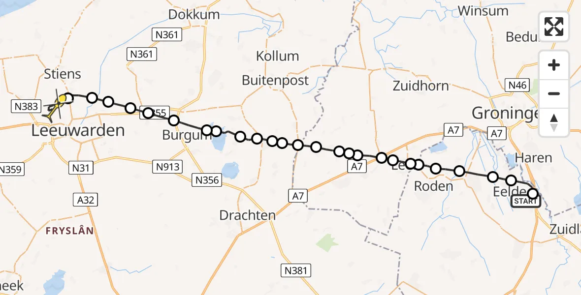 Routekaart van de vlucht: Ambulanceheli naar Vliegbasis Leeuwarden, Burgemeester J.G. Legroweg