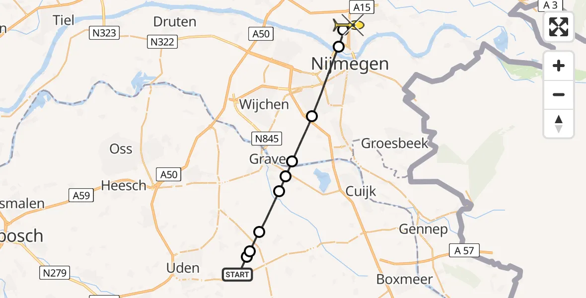 Routekaart van de vlucht: Lifeliner 3 naar Nijmegen, Zeelandsedijk