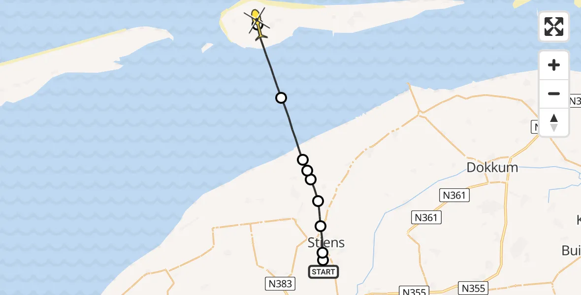 Routekaart van de vlucht: Ambulancehelikopter naar Ameland Airport Ballum, Skrédyk