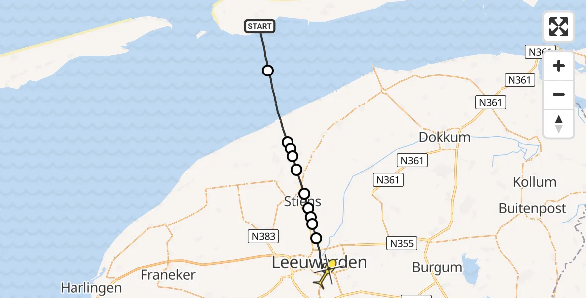 Routekaart van de vlucht: Ambulanceheli naar Leeuwarden, Borniastraat