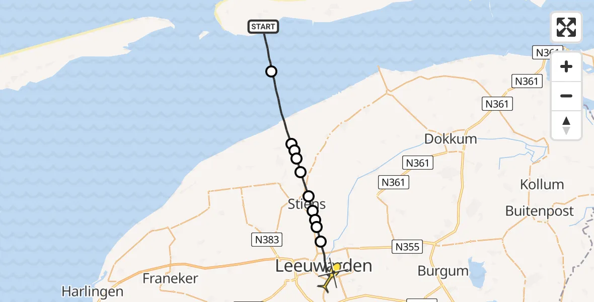 Routekaart van de vlucht: Ambulancehelikopter naar Leeuwarden, Borniastraat