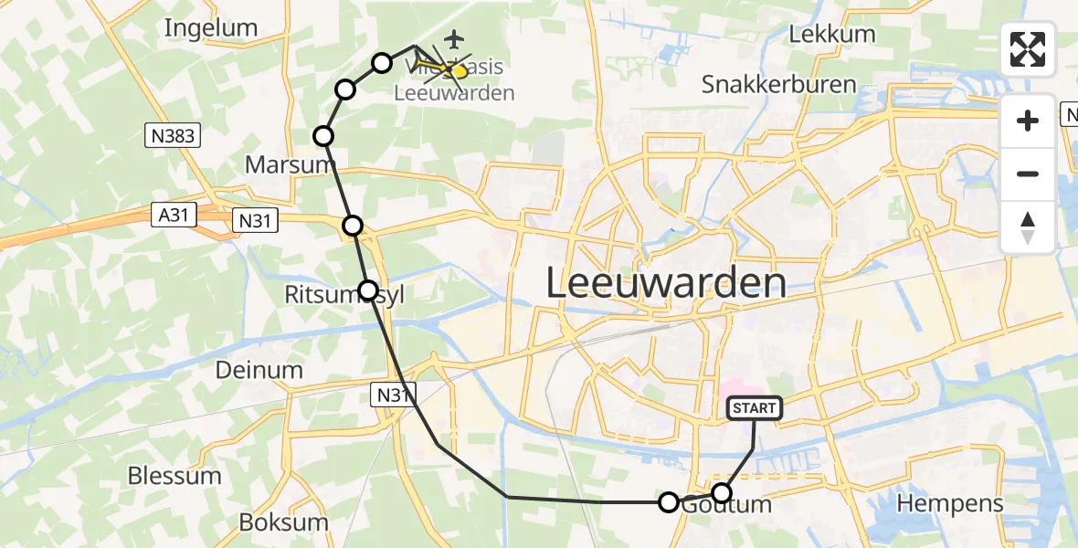 Routekaart van de vlucht: Ambulanceheli naar Vliegbasis Leeuwarden, Van Emingaleane