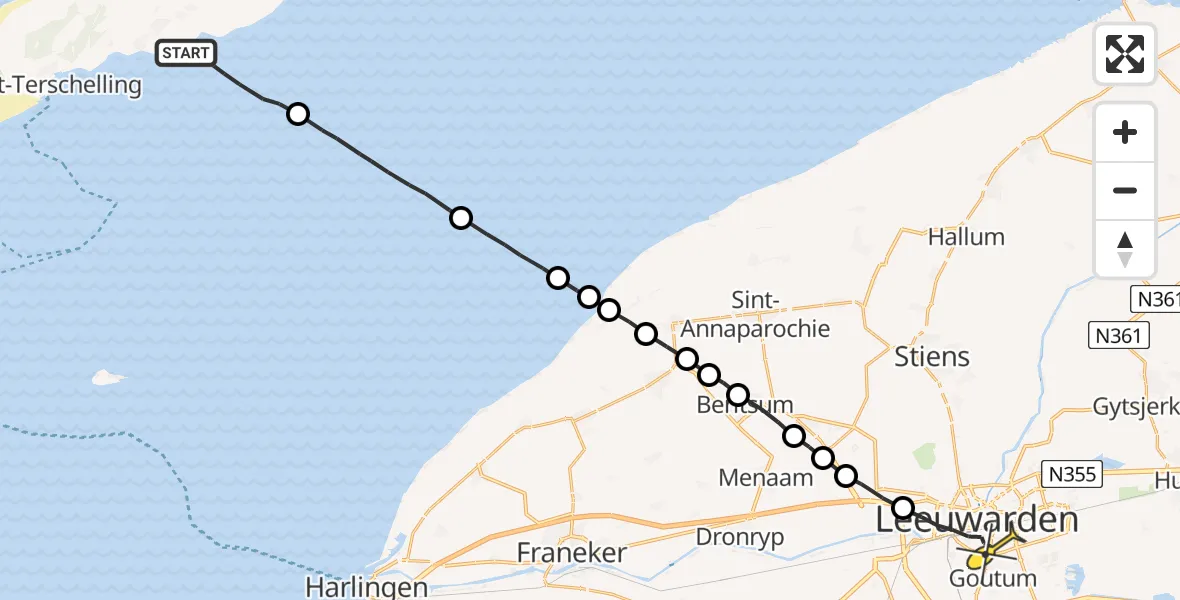 Routekaart van de vlucht: Ambulancehelikopter naar Leeuwarden, Borniastraat
