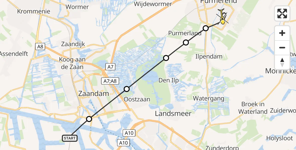 Routekaart van de vlucht: Lifeliner 1 naar Purmerend, Belangenvereniging tuinders Zaanderhorn