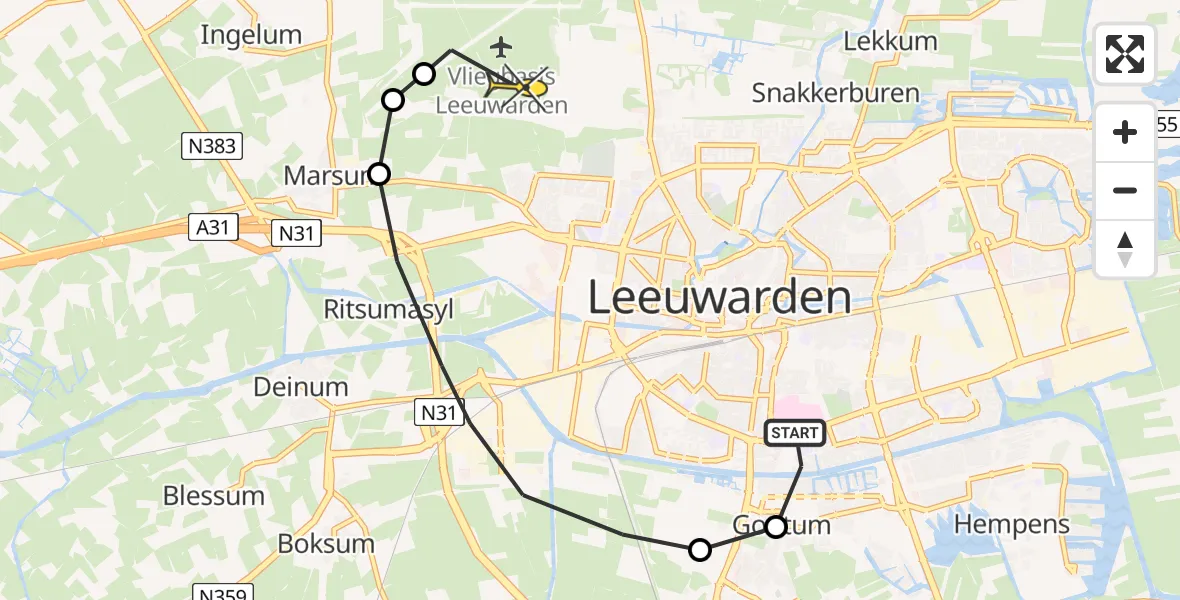 Routekaart van de vlucht: Ambulanceheli naar Vliegbasis Leeuwarden, Goutumerdyk