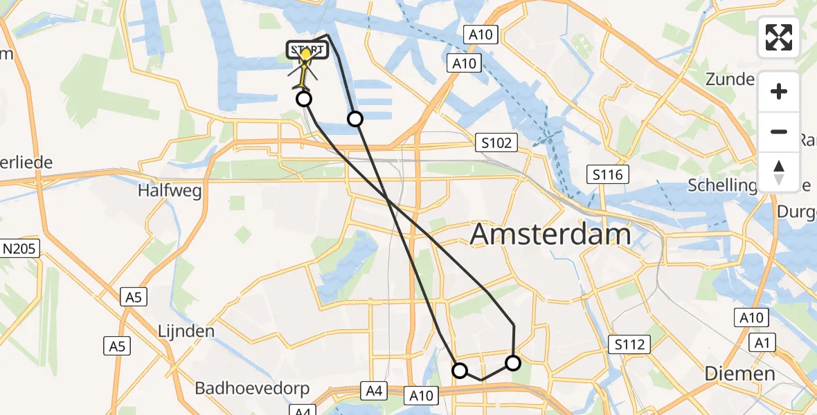 Routekaart van de vlucht: Lifeliner 1 naar Amsterdam Heliport, Westhaven