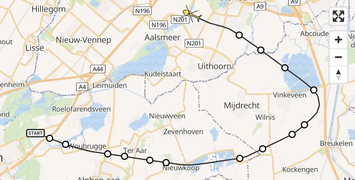 Routekaart van de vlucht: Politieheli naar Aalsmeer, Oosteinderweg